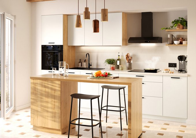 Cuisine moderne blanche avec plan de travail bois