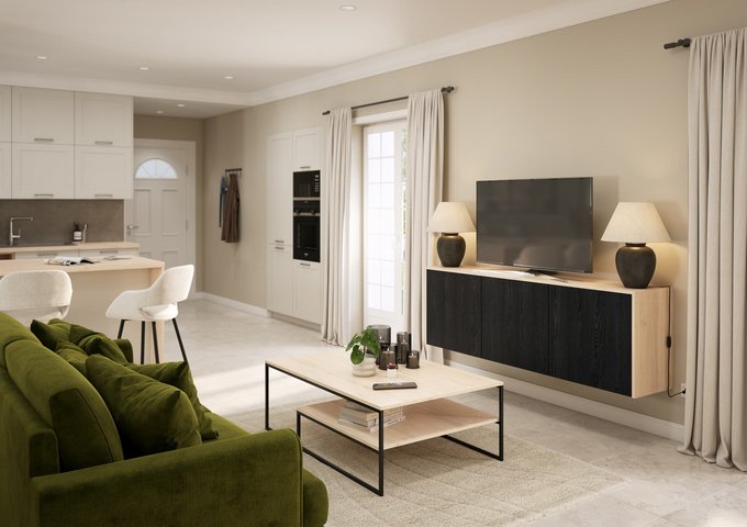 Salon aménagé avec cuisine ouverte
