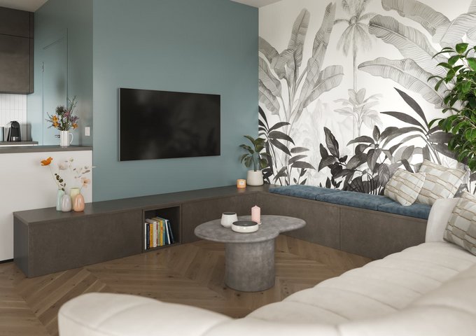 Salon contemporain bleu canard et décor végétal en noir et blanc