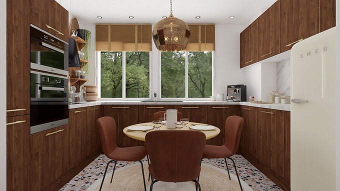 Cuisine en U bois foncé avec coin repas intégré
