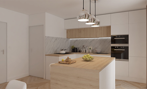 Cuisine moderne blanche et bois avec îlot